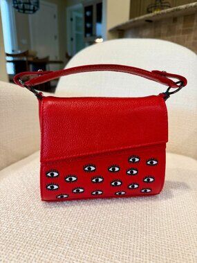 Min & Mon Anastasio Mini Crossbody Leather Handbag Red All Over Eyes Embroidery